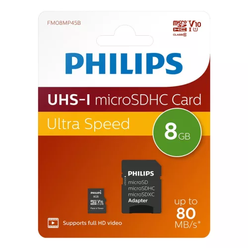 Philips microSDHC memóriakártya, 8 GB, Class 10, UHS-I U1, adapterrel