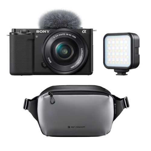 Sony ZV-E10 + 16-50mm f/3.5-5.6 + K&F Concept Alpha Sling 10L (szürke) + Godox LED6R Litemons RGB LED Kit