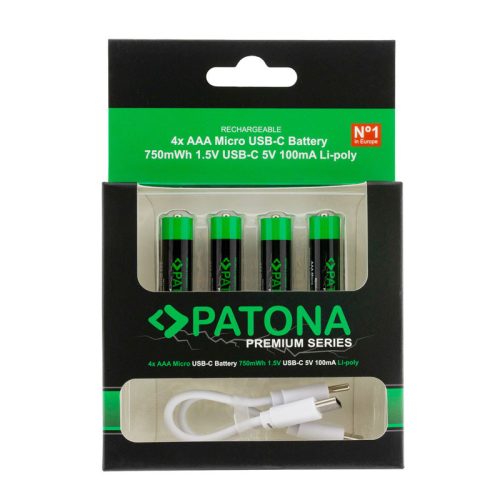 Patona Premium USB-C 4x AAA micro újratölthető lítium elem 750mWh