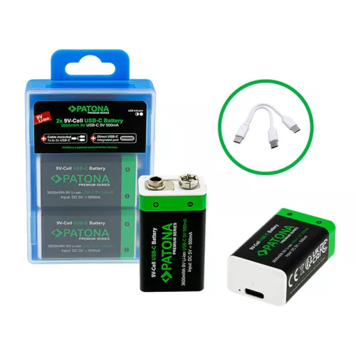Patona Premium 2 pcs Rechargeable 9 V 6F22 Lithium Battery Kit, 3600 mWh, Cable
