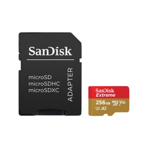 Sandisk 256gb MicroSDXC Extreme memóriakártya + Adapter 190 mb/s /130 mb/s UHS-I V30 A2 C10 U3 + Rescue Pro Deluxe szoftver