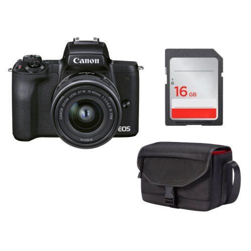 Canon EOS M50 MKII Fekete váz + Canon EOS M 15-45 objektív + Canon SB130 táska +16gb memória kártya
